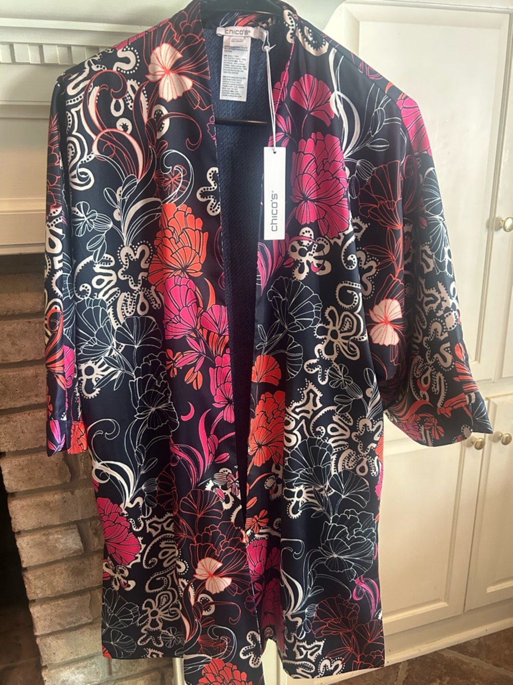 Chico's Black Kimono Jacket with Pink & Coral Floral Print